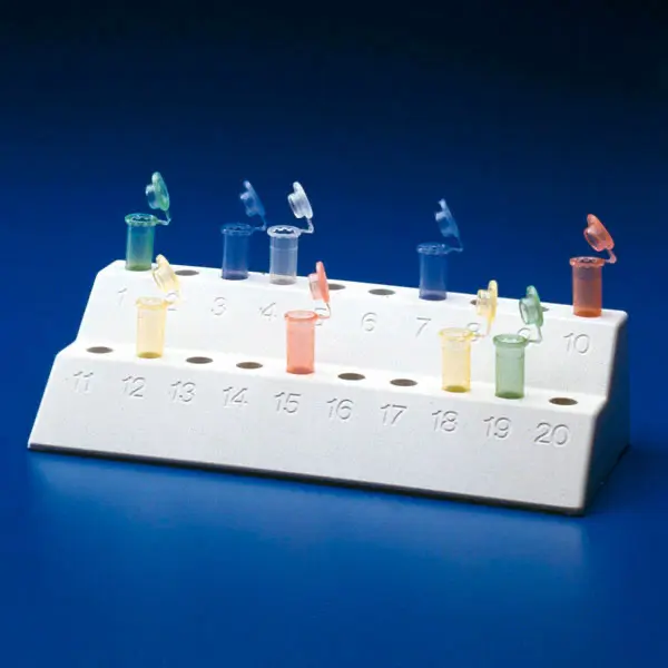 Reagent tube stands reaction tube stand white, 20 holes, Ø 10 mm | 90 x 210 x 49 mm